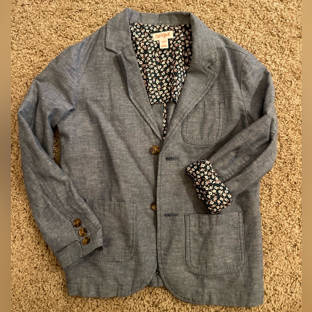 Cat & Jack Boys Denim like Blue Blazer with Floral Lining Sz 6